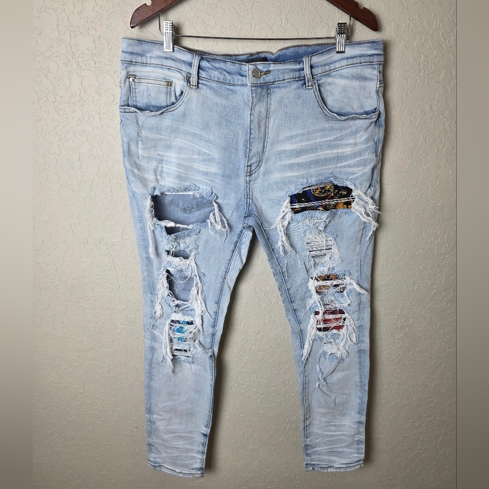Amiri Jeans Mens Patchwork Destroyed Skinny Denim Jeans Light Wash Size 40